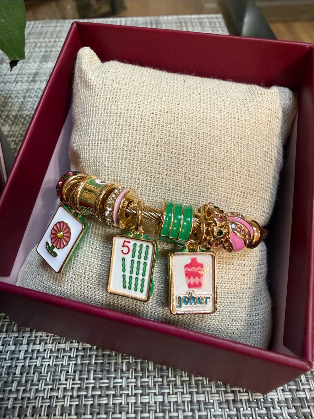 Piper K Mahjong Gold Charm Bracelet with Pink and Green Enamel Tiles 🌺